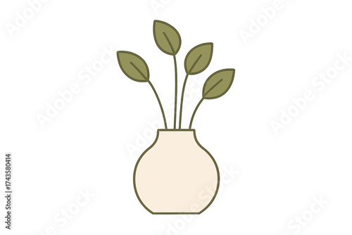 Stylized indoor houseplant in a modern rounded ceramic vase isolated on white