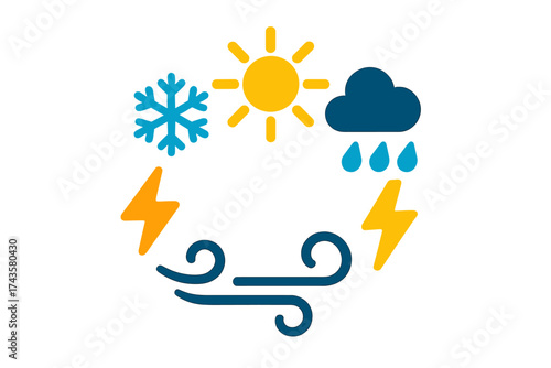 Collection of colorful flat symbols depicting seasonal weather changes and meteorological conditions