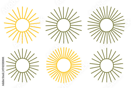 Seamless pattern of stylized sunburst icons with thin rays in yellow and olive green colors