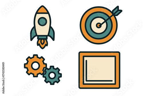 Set of business and startup icons showing rocket launch, bullseye target, mechanical gears, and certificate