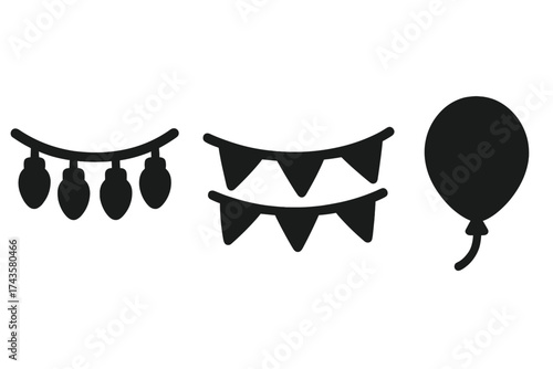 Festive celebration icons set featuring string lights, pennant banners, and a party balloon silhouette