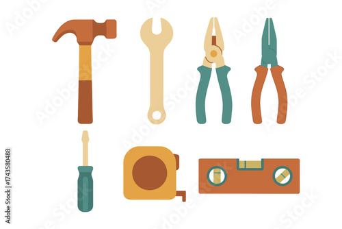 Essential set of construction and repair hand tools including hammer wrench and pliers