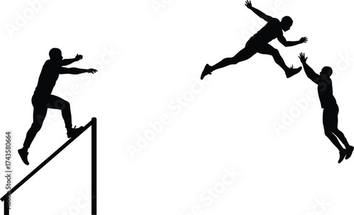 Teamwork trust jump silhouettes, business people collaboration, helping hand concept, leadership motivation illustration, partnership support, success teamwork vector, cooperation flat design