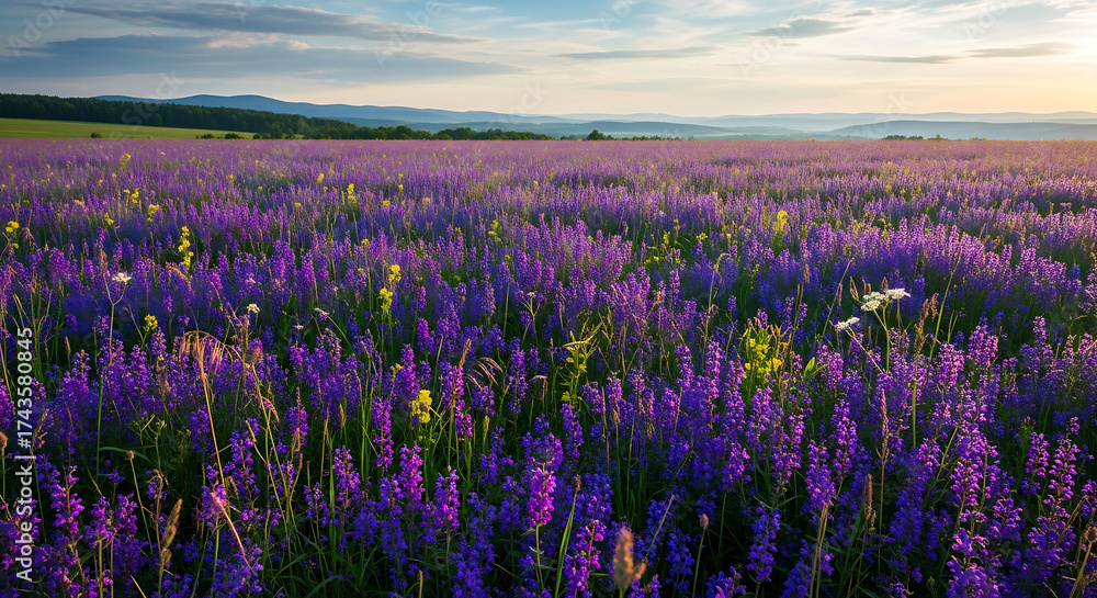 Obraz premium Vibrant Purple Flower Field with Distant Hills Under a Golden Hour Sky