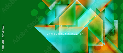 Abstract geometric shapes overlap, creating vibrant layers. Green background complements orange, teal hues. Modern design element.