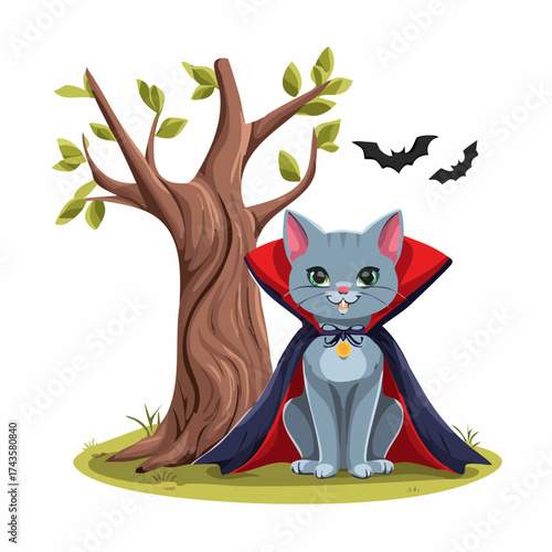 A cute cartoon cat dressed as a vampire, sitting near a tree with bats.