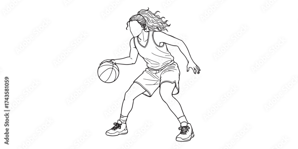 Fototapeta premium Line art illustration of a female basketball player dribbling a ball. Outline drawing showing motion, energy, and athletic movement. Black and white sports design concept for education, posters