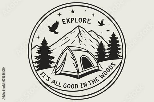 Circular emblem design for outdoor enthusiasts featuring nature elements and adventure symbols perfect for branding and apparel