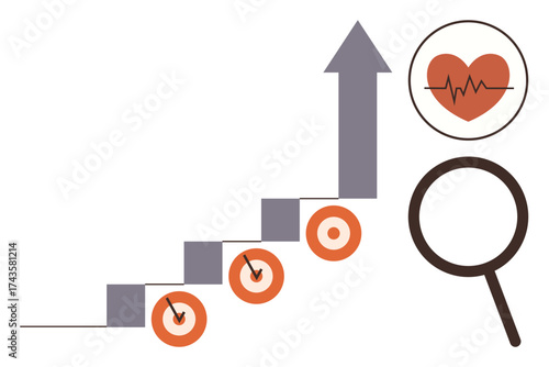 Graphical staircase with targets as milestones, arrow indicating progress, heart symbol with heartbeat, and magnifying glass. Ideal for health monitoring, goal tracking, personal growth, progress