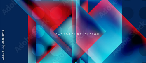 Abstract geometric shapes, vibrant colors blend. Modern design features overlapping layers, dynamic composition. Blue, red, cyan dominate.
