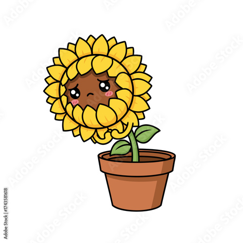 Cute cartoon sunflower character with a sad expression in a pot