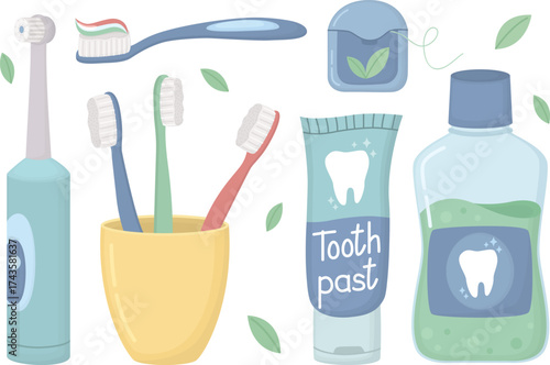 Dental hygiene set with toothpaste, floss, toothbrushes and mouthwash. Illustration with products for oral care