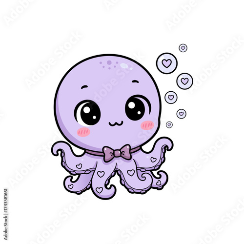 Adorable purple baby octopus cartoon with a bow tie and hearts concept