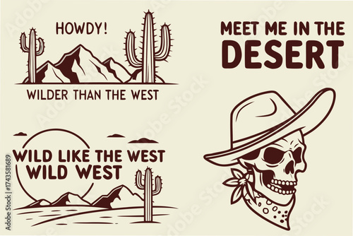 A vintage collection of four unique western style badges and emblems perfect for advertising branding and design projects with a retro feel