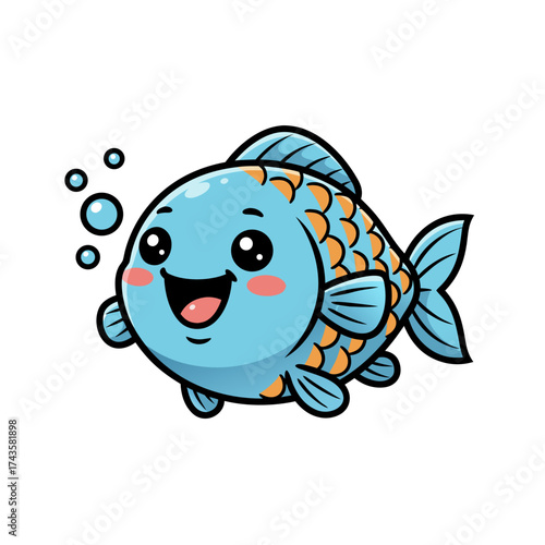 Adorable chubby blue cartoon fish with orange fins smiling happily underwater with bubbles