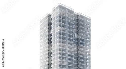 High rise building skeleton with exposed framework against a white background, showcasing construction and architectural design isolated on white background