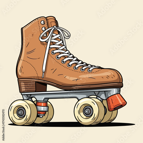 Classic quad roller skate illustration, vintage brown boot shoe, retro 1970s 1980s wheeled footwear vector art.