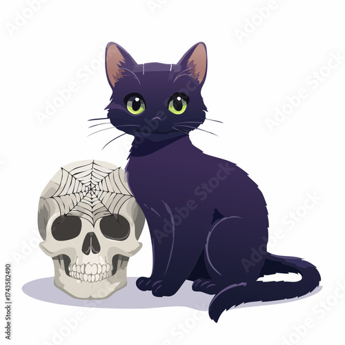 A black cat sits next to a skull covered in a spiderweb, creating a spooky Halloween scene.