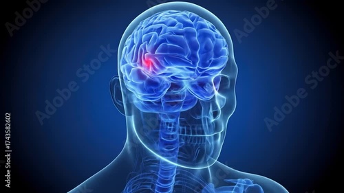 Medical illustration of human brain and skull with digital effect