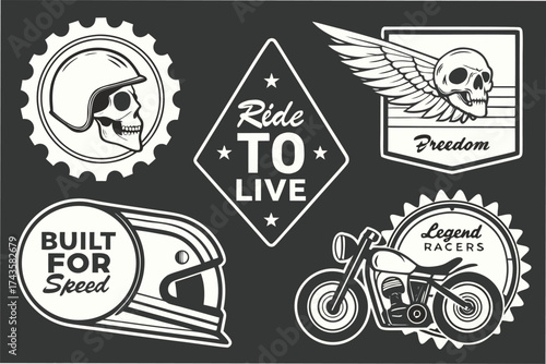 Diverse collection of vintage motorcycle patches featuring classic emblems badges and insignia for apparel and design projects