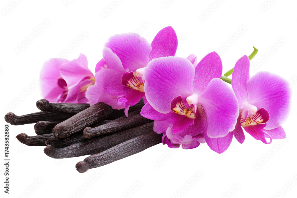 Obraz premium Pink orchid flowers and vanilla beans isolated on transparent background. Vanilla pods and orchid flower isolated on white background.