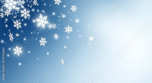 Falling snowflakes and bokeh lights on a blue gradient background, winter holiday season