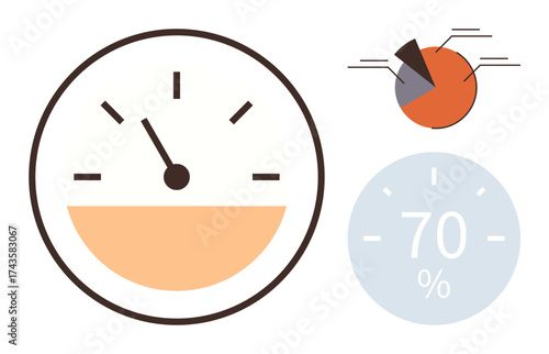 Gauge with a progress needle, segmented pie chart, and 70 completion indicator. Ideal for metrics, performance, analytics, monitoring, statistics efficiency and productivity. Simple flat metaphor