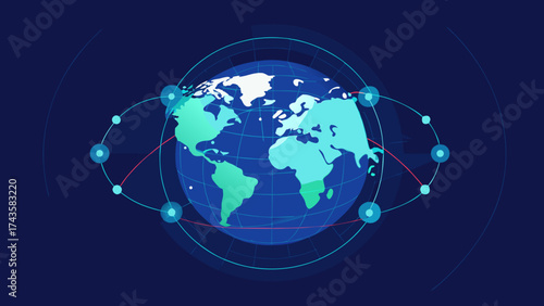 Digital globe with orbiting satellites and connected nodes representing global communication, satellite technology and data transmission