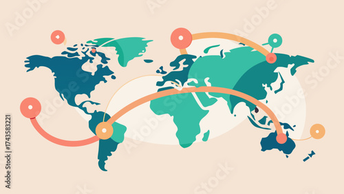 Flat world map illustration with colorful location markers and curved lines representing global connections and international network