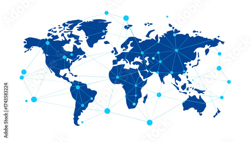 Fototapeta Naklejka Na Ścianę i Meble -  World map with blue connected nodes symbolizing global network, digital communication and worldwide data exchange