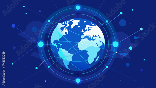 Glowing digital globe with connected points and lines representing global communication, data network and internet connectivity