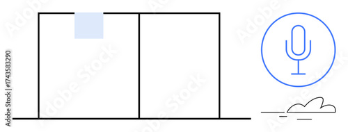 Microphone icon next to window panels and abstract symbols. Ideal for communication, sound recording, podcasting, audio control, voice recognition, interface design, digital media. Clean flat