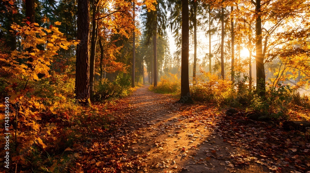 Obraz premium Sunlight streams through a forest path in autumn, illuminating fallen leaves and creating a warm, inviting atmosphere with rich golden and brown tones.