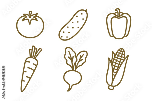 Outline symbols depicting fresh garden vegetables including tomato, cucumber, and carrot