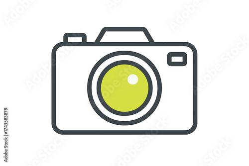 Minimalist digital camera icon featuring a bright lime green lens element