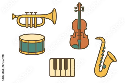 Set of stylized musical instrument icons including trumpet, saxophone, violin, drum, and keyboard
