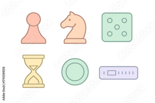 Pastel colored symbols representing classic board game pieces and time elements