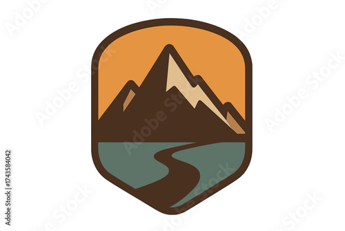 Vintage style nature badge featuring rugged mountain peaks and flowing stream