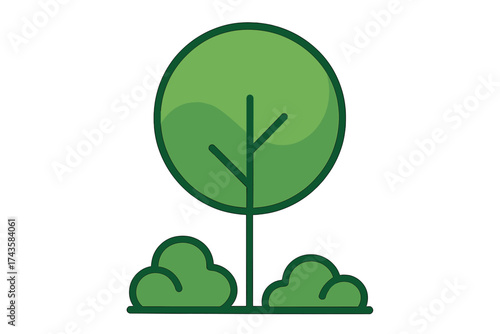 Simple stylized icon of a lush green tree featuring a round canopy and surrounding bushes