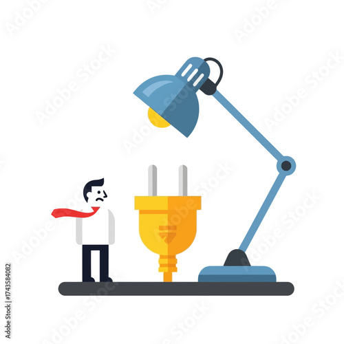 Frustrated worker with a broken plug and desk lamp needing repair services, perfect for energy crisis concepts