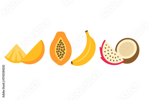 Colorful tropical fruits including banana papaya coconut and dragon fruit in flat design