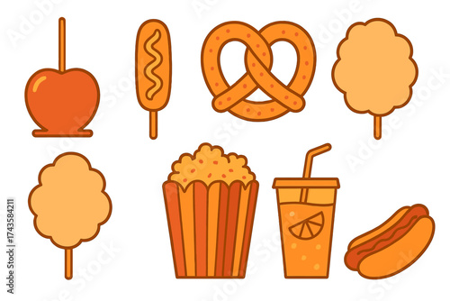 Popular fairground and amusement park snacks collection featuring carnival food items