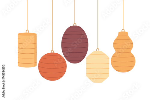 Diverse collection of decorative hanging lanterns in warm earthy tones and various shapes