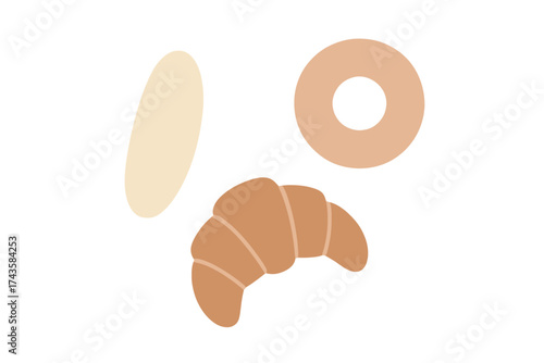 Minimalist graphic set of baked goods including croissant, bread loaf, and donut