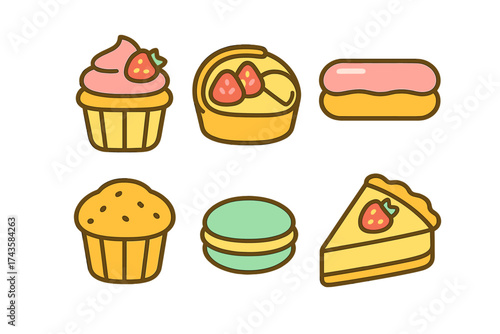Assortment of sweet baked goods icons including cupcake, muffin, macaron, eclair, tart, and cheesecake