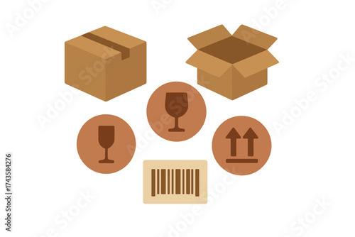 Essential logistics and delivery symbols featuring cardboard boxes, fragile signs, and barcode