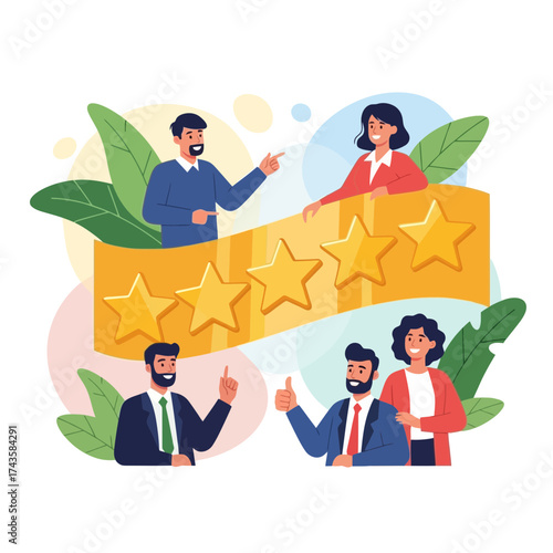 Happy customers giving five star rating, excellent service reviews and satisfied clients recommending top company performance