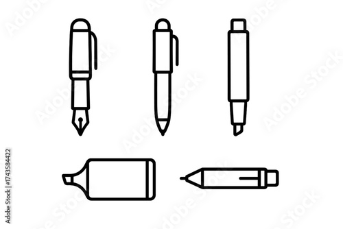 Outline writing instruments set featuring fountain pen, ballpoint pen, and various markers