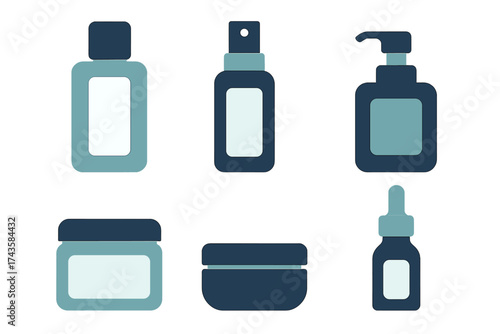 Minimalist set of cosmetic product containers including dropper bottle, pump dispenser, spray, and cream jars