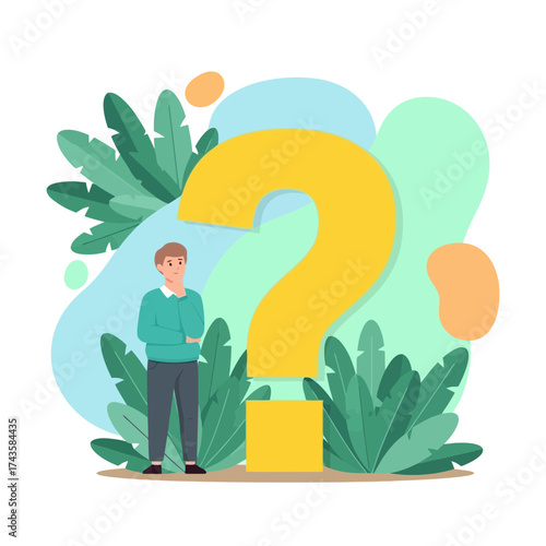 Confused man seeks answers standing near giant question mark surrounded by lush tropical foliage looking thoughtful